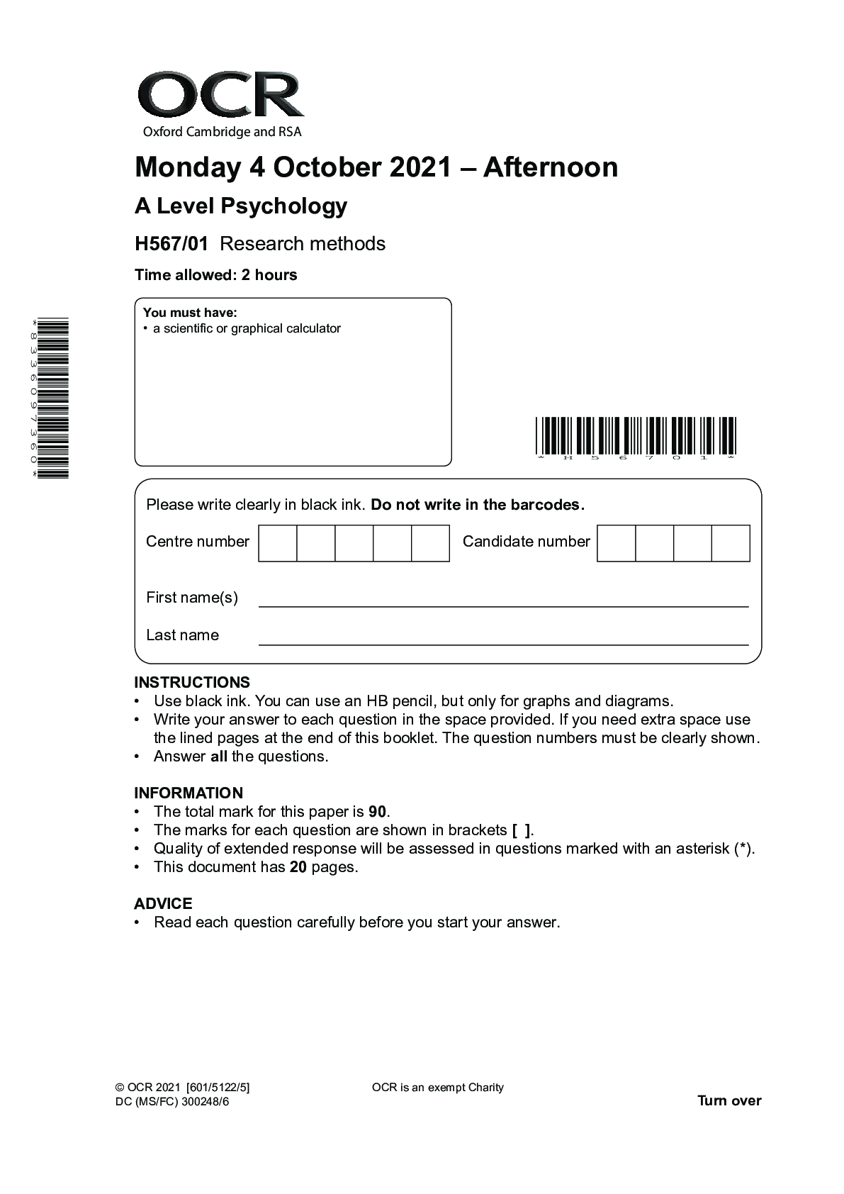 Preview image for OCR A Level Psychology H567/01 Research methods (OCTOBER 2021) QUESTION PAPER